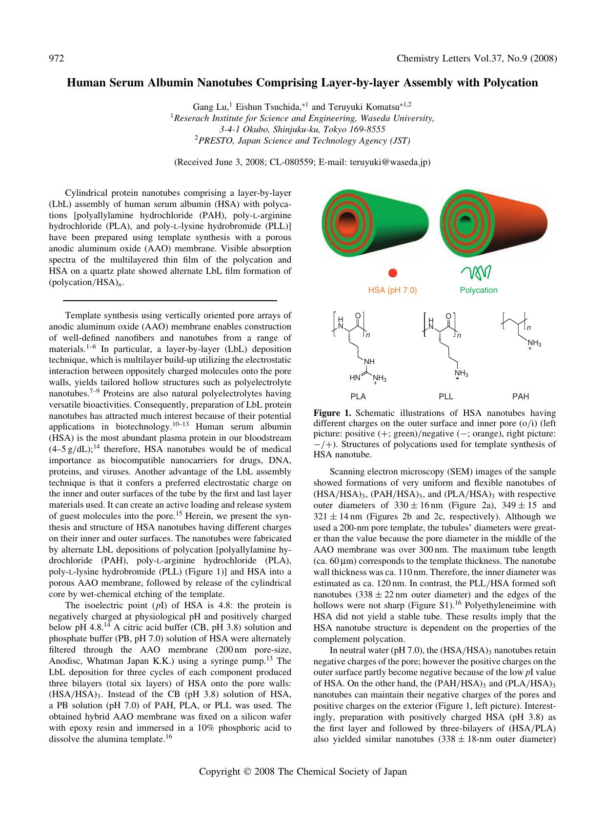 Human Serum Albumin Nanotubes Comprising Layer-by-layer Assembly with Polycation by Gang Lu Eishun Tsuchida and Teruyuki Komatsu