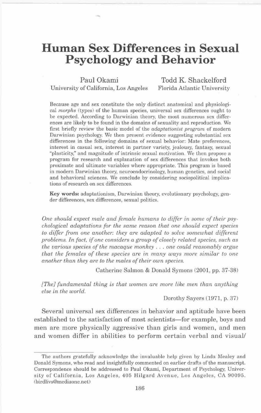 Human Sex Differences in Sexual Psychology and Behavior. by Unknown