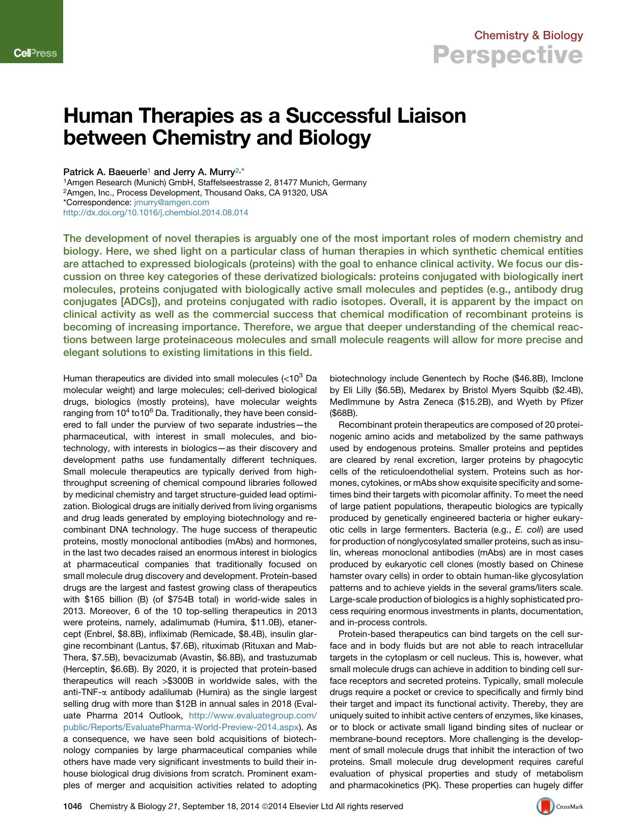 Human Therapies as a Successful Liaison between Chemistry and Biology by Patrick A. Baeuerle & Jerry A. Murry