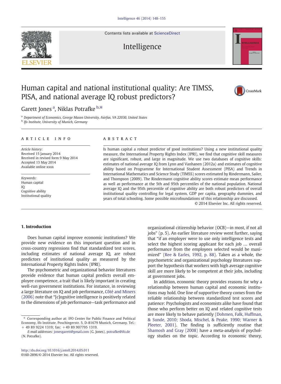 Human capital and national institutional quality: Are TIMSS, PISA, and national average IQ robust predictors? by Garett Jones & Niklas Potrafke