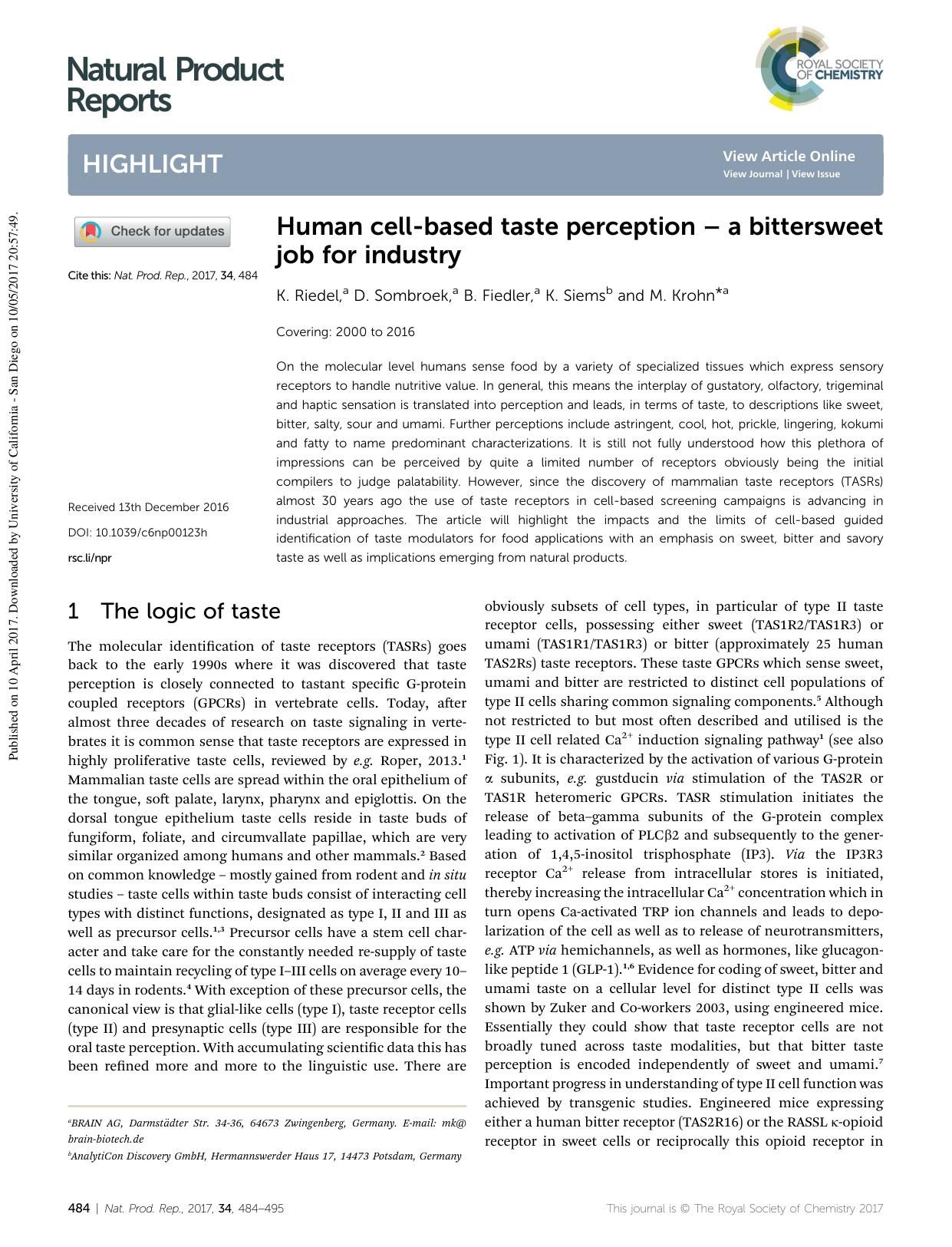 Human cell-based taste perception â a bittersweet job for industry by K. Riedel & D. Sombroek & B. Fiedler & K. Siems & M. Krohn