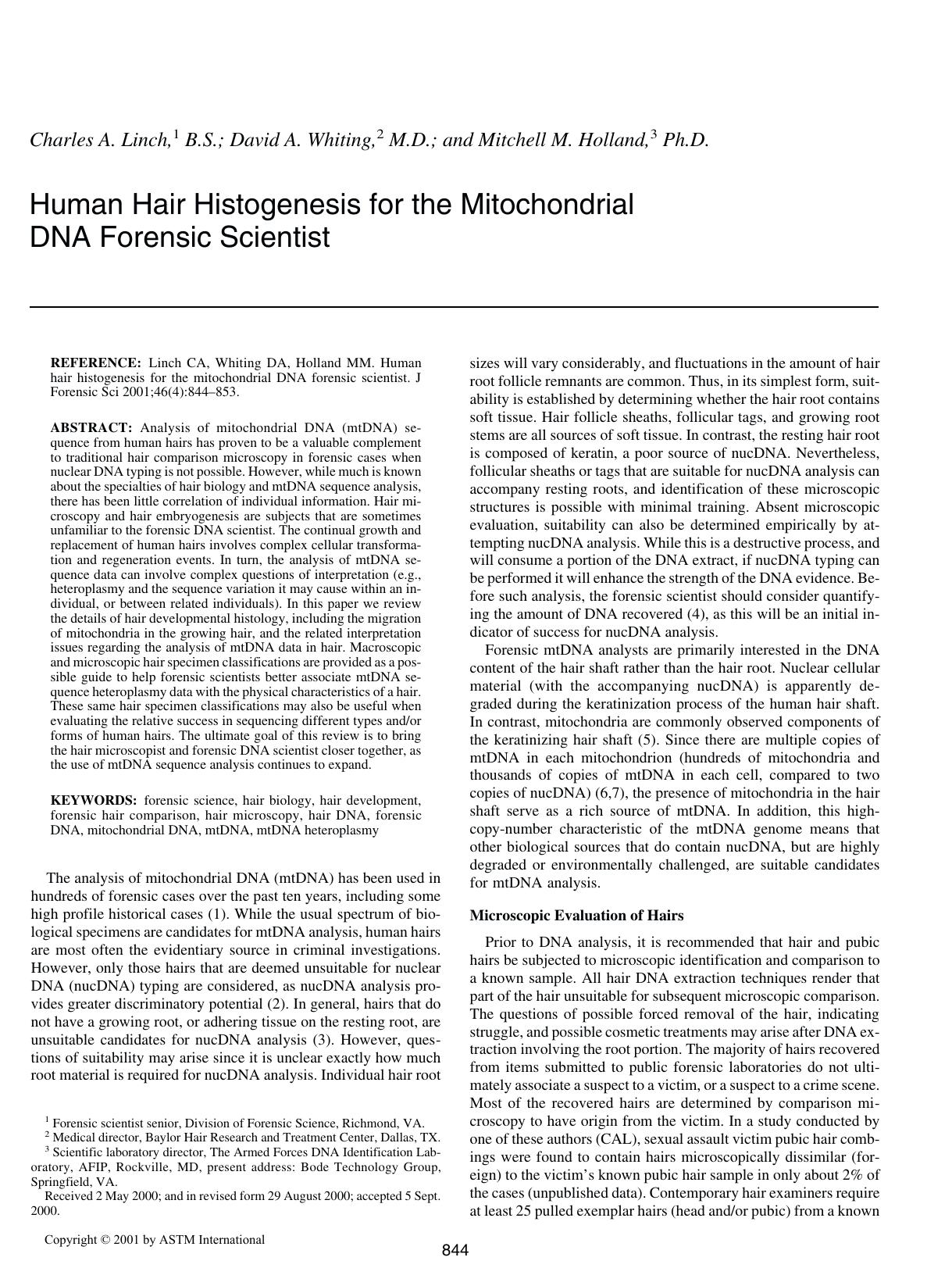 Human hair histogenesis for the mitochondrial DNA forensic scientist by Linch CA Whiting DA Holland MM