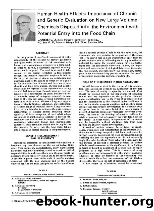 Human health effects: Importance of chronic and genetic evaluation on new large volume chemicals disposed into the environment with potential entry into the food chain by Unknown
