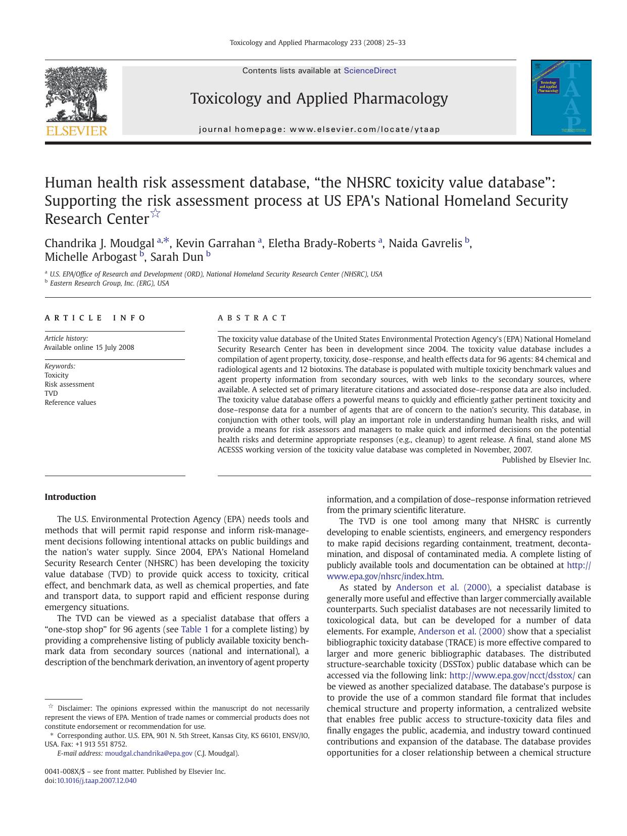 Human health risk assessment database, âthe NHSRC toxicity value databaseâ: Supporting the risk assessment process at US EPA's National Homeland Security Research Center by unknow