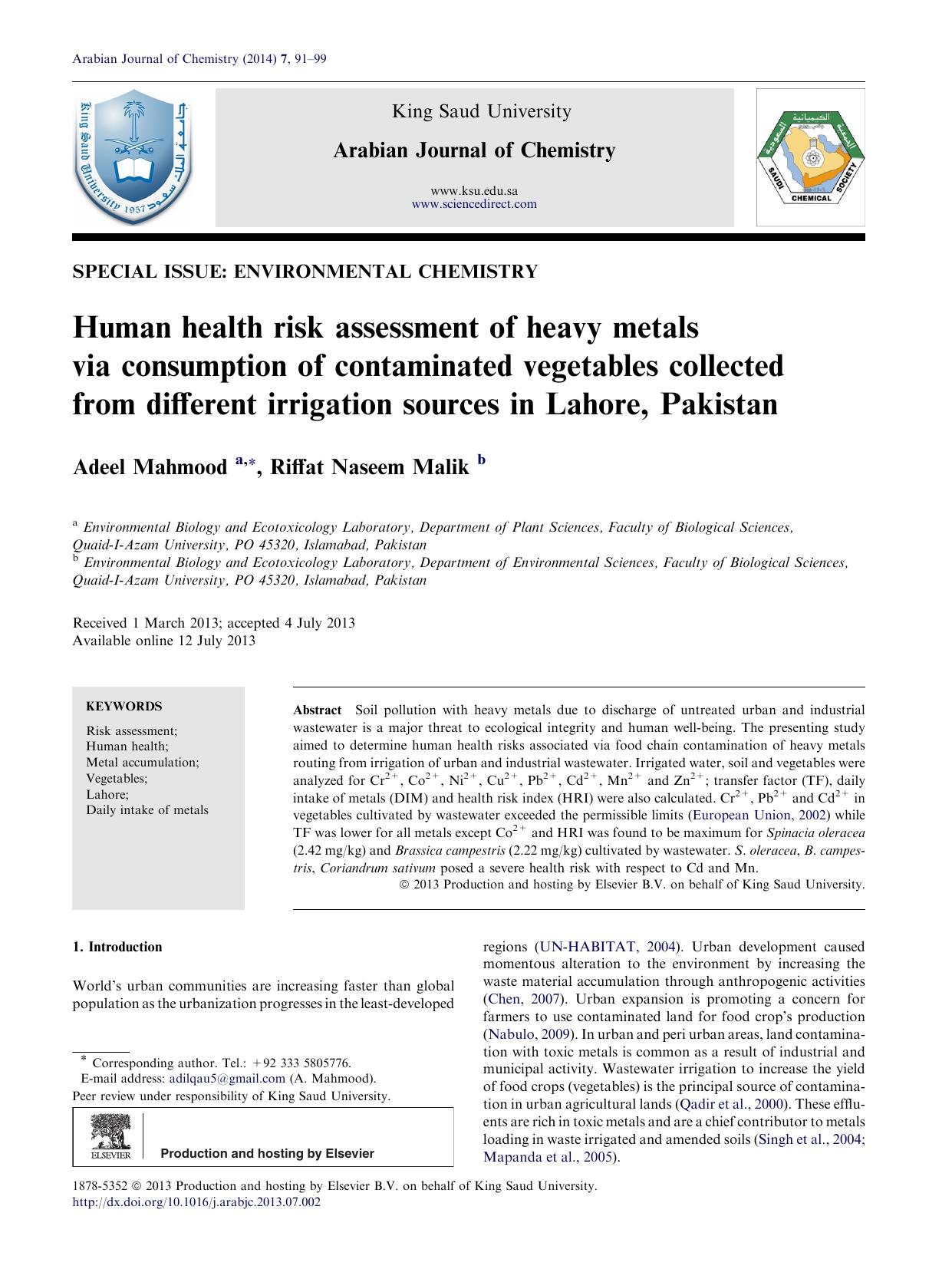 Human health risk assessment of heavy metals via consumption of contaminated vegetables collected from different irrigation sources in Lahore, Pakistan by Adeel Mahmood & Riffat Naseem Malik