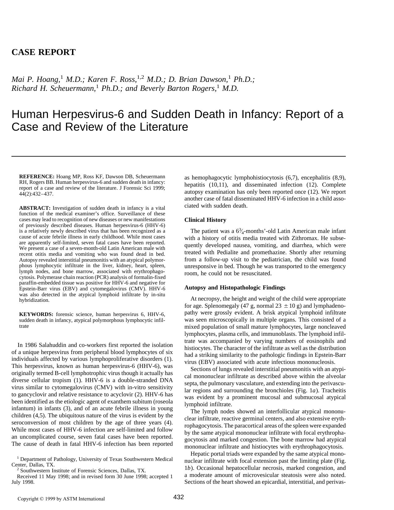 Human herpesvirus-6 and sudden death in infancy: report of a case and review of the literature by Hoang MP Ross KF Dawson D Scheuermann RH Rogers BB