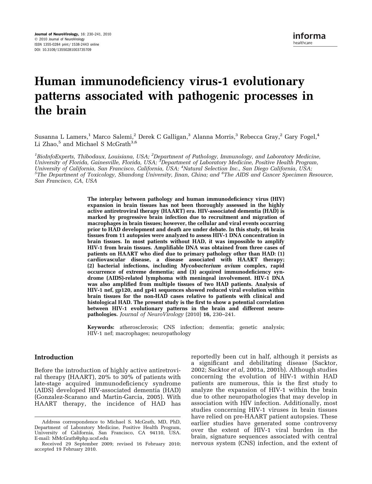 Human immunodeficiency virus-1 evolutionary patterns associated with pathogenic processes in the brain by Unknown