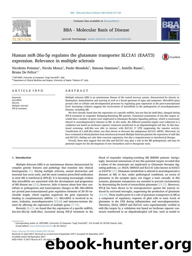 Human miR-26a-5p regulates the glutamate transporter SLC1A1 (EAAT3) expression. Relevance in multiple sclerosis by Nicoletta Potenza & Nicola Mosca & Paolo Mondola & Simona Damiano & Aniello Russo & Bruna De Felice