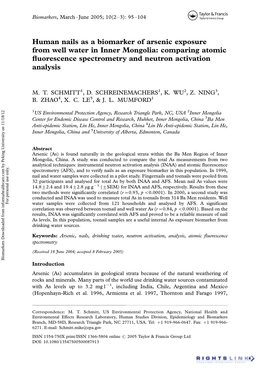 Human nails as a biomarker of arsenic exposure from well water in Inner Mongolia: comparing atomic fluorescence spectrometry and neutron activation analysis by M. T. Schmitt D. Schreinemachers K. Wu Z. Ning B. Zhao X. C. Le & J. L. Mumford
