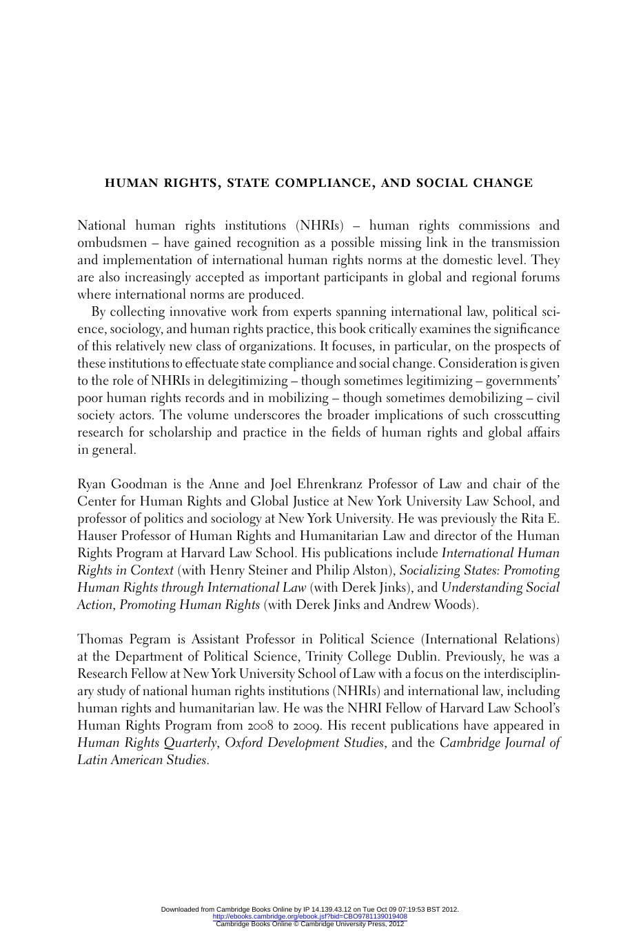 Human rights, state compliance, and social change: assessing national human rights institutions by RYAN GOODMAN & THOMAS PEGRAM