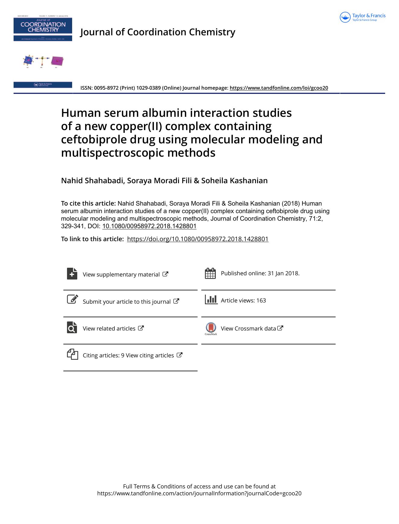 Human serum albumin interaction studies of a new copper(II) complex containing ceftobiprole drug using molecular modeling and multispectroscopic methods by Nahid Shahabadi & Soraya Moradi Fili & Soheila Kashanian