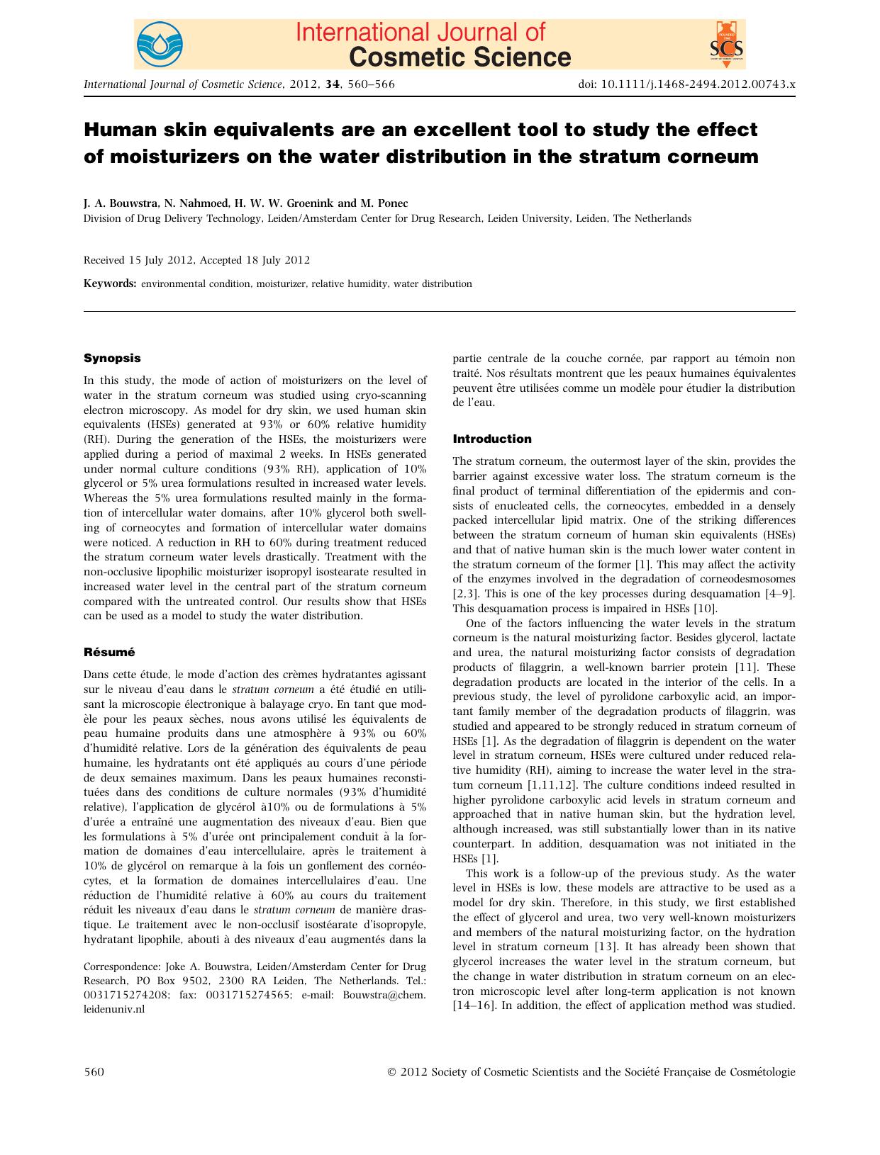 Human skin equivalents are an excellent tool to study the effect of moisturizers on the water distribution in the stratum corneum by Unknown