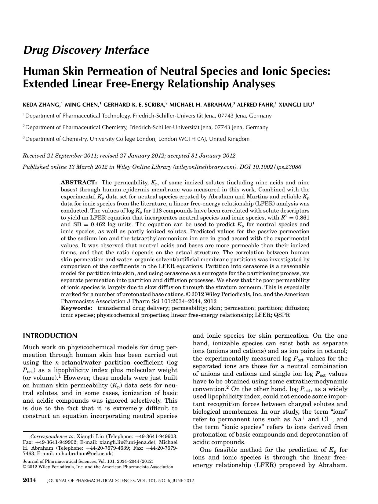 Human skin permeation of neutral species and ionic species: Extended linear freeenergy relationship analyses by Unknown