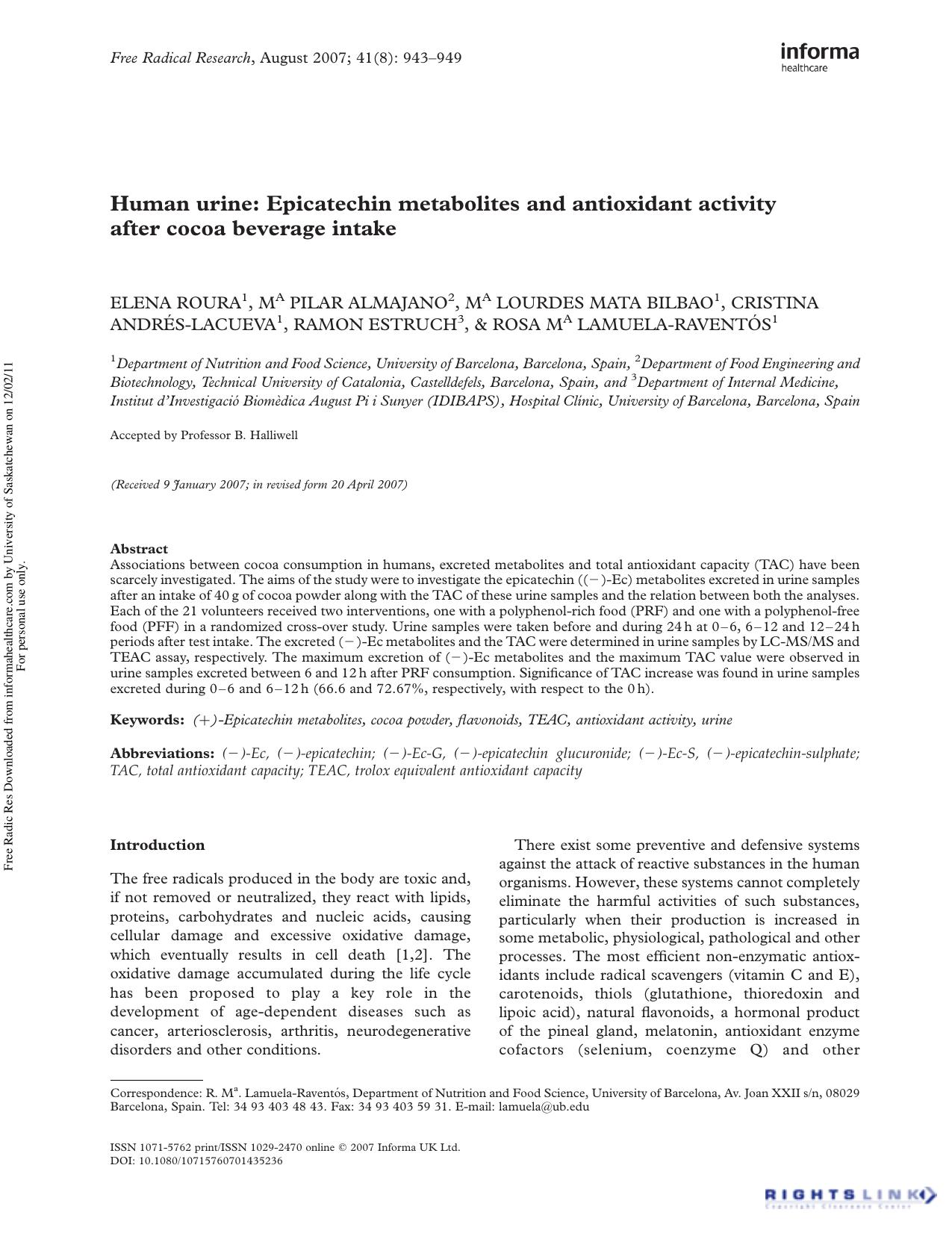 Human urine: Epicatechin metabolites and antioxidant activity after cocoa beverage intake by unknow