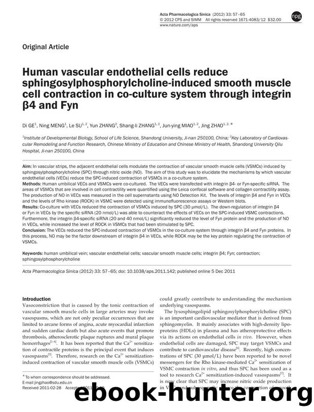 Human vascular endothelial cells reduce sphingosylphosphorylcholine-induced smooth muscle cell contraction in co-culture system through integrin Î²4 and Fyn by Di Ge & Ning Meng & Le Su & Yun Zhang & Shang-li Zhang & Jun-ying Miao & Jing Zhao