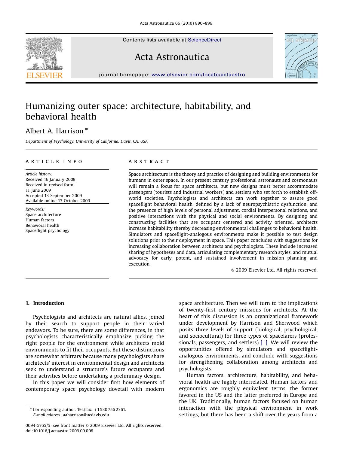 Humanizing outer space architecture, habitability, and behavioral health by Albert A. Harrison