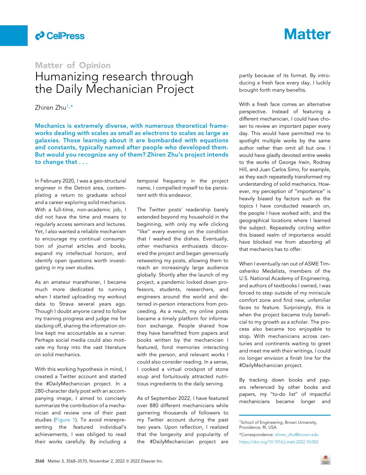 Humanizing research through the Daily Mechanician Project by Zhiren Zhu