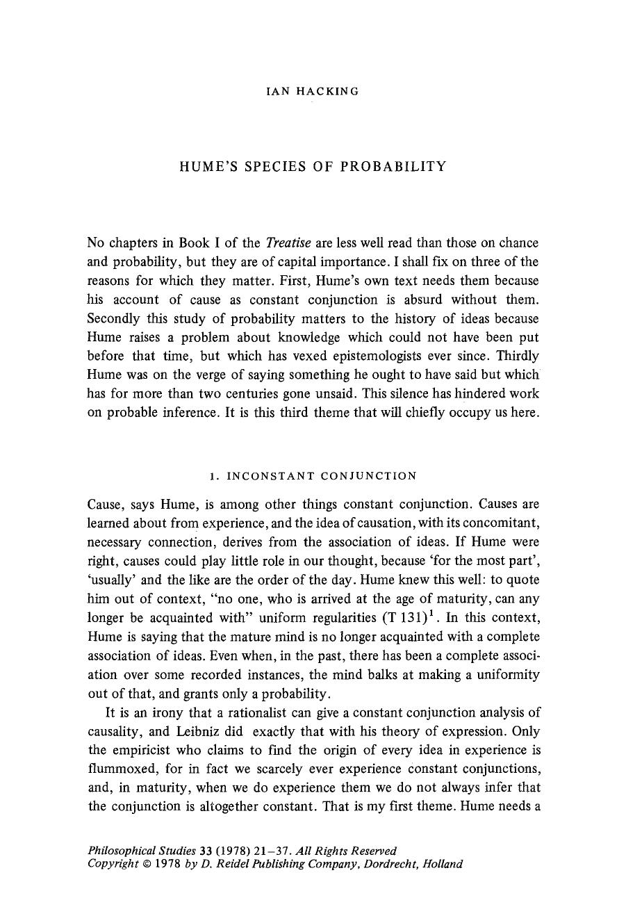 Hume's species of probability by Hume's Species of Probability (1978)