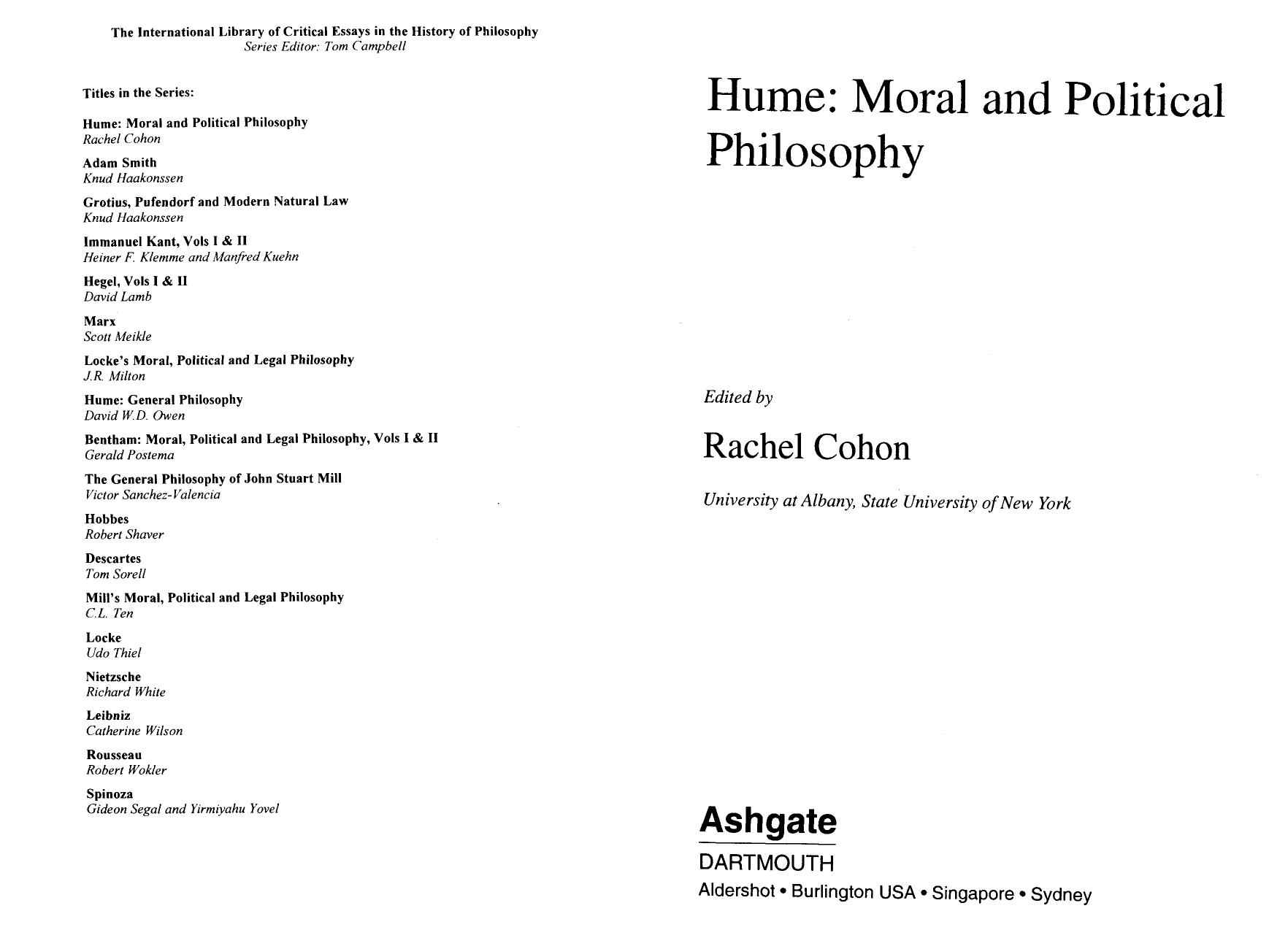 Hume: Moral and Political Philosophy (The International Library of Critical Essays in the History of Philosophy) by Rachel Cohon