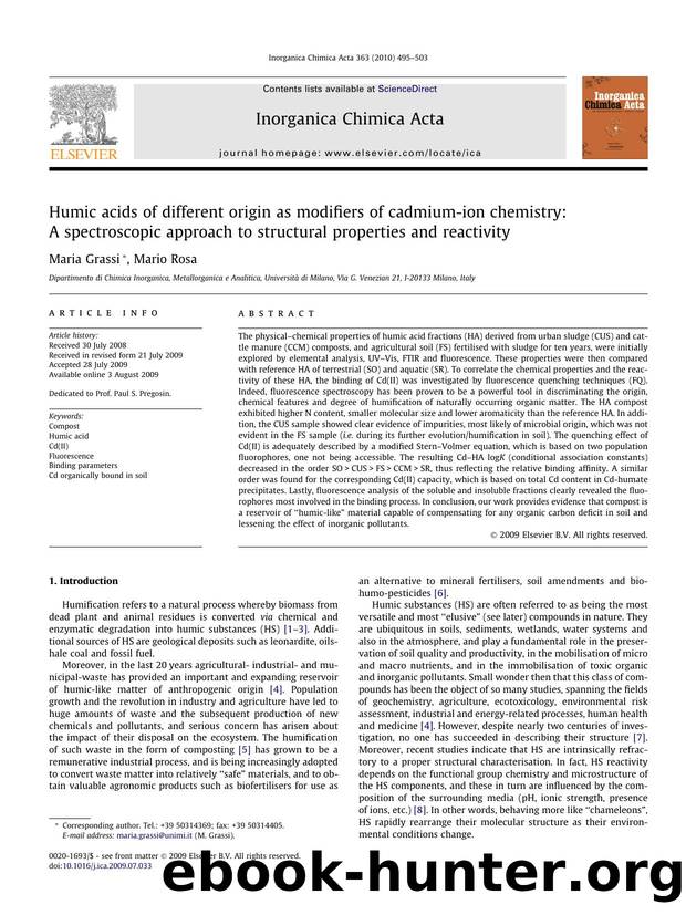 Humic acids of different origin as modifiers of cadmium-ion chemistry: A spectroscopic approach to structural properties and reactivity by Maria Grassi; Mario Rosa