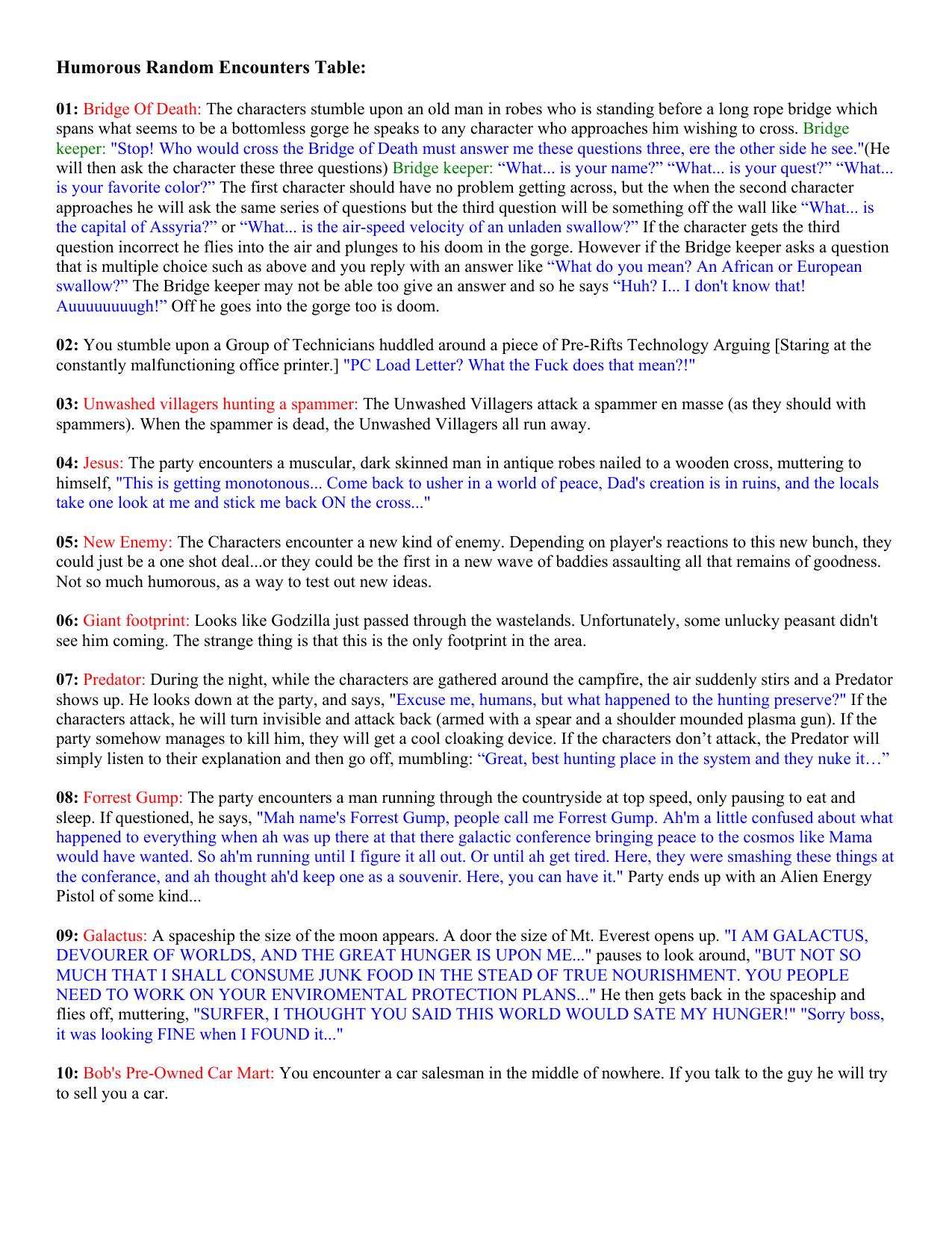 Humorous Random Encounters Table: by StormShadow