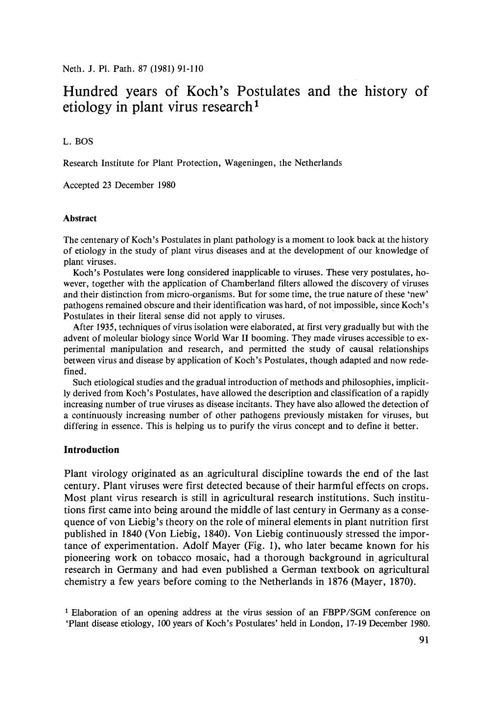 Hundred years of Koch's Postulates and the history of etiology in plant virus research by Unknown