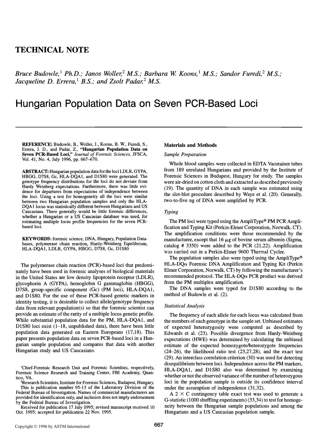 Hungarian Population Data on Seven PCR-Based Loci by Budowle B Woller J Koons BW Furedi S Errera JD Padar Z