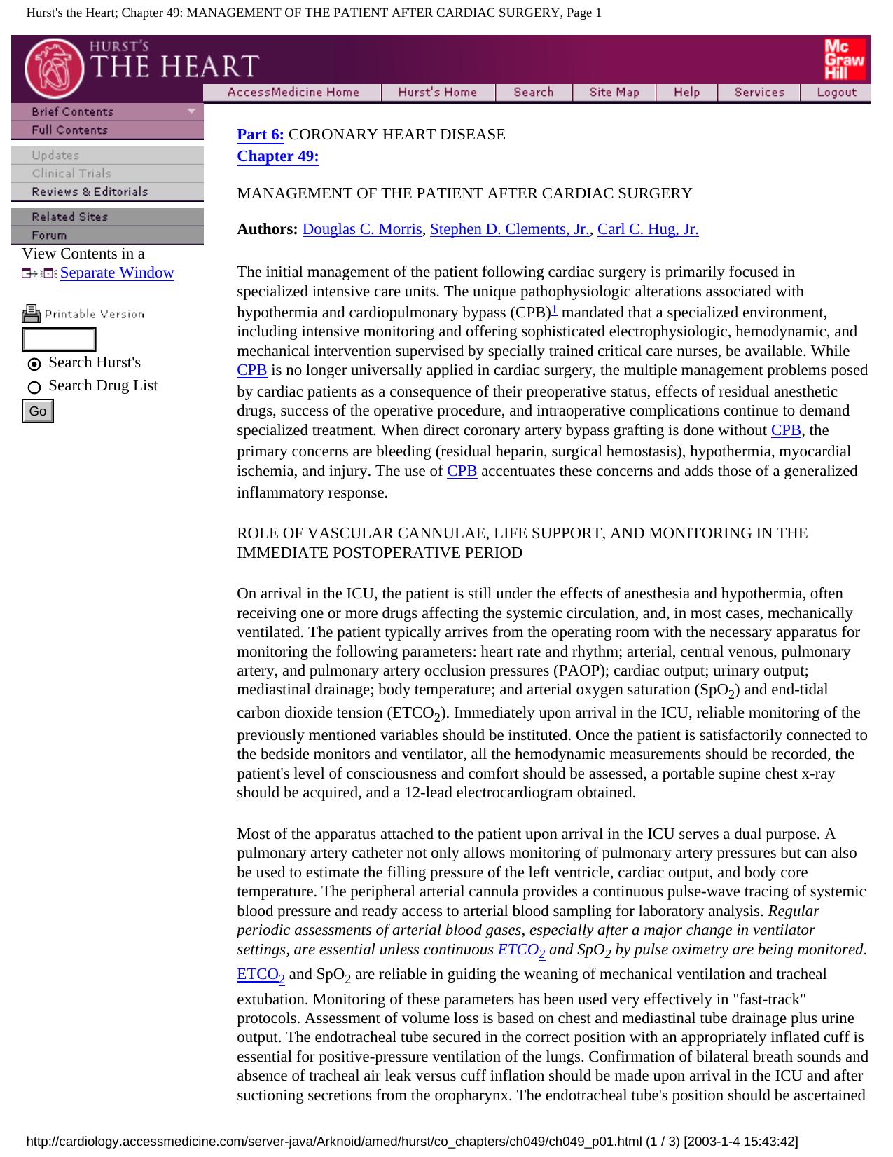 Hurst's the Heart; Chapter 49: MANAGEMENT OF THE PATIENT AFTER CARDIAC SURGERY, Page 1 by Unknown