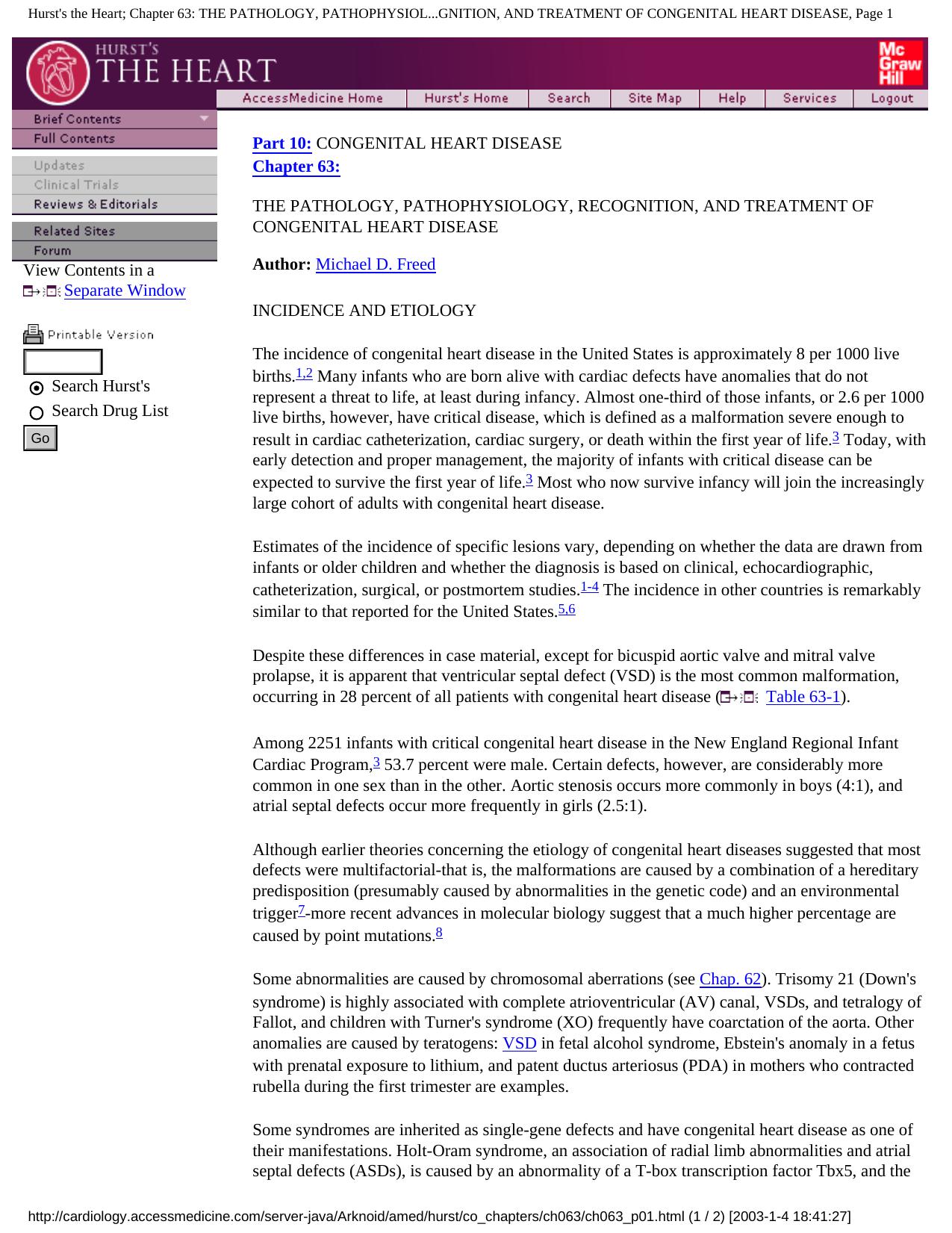 Hurst's the Heart; Chapter 63: THE PATHOLOGY, PATHOPHYSIOLOGY, RECOGNITION, AND TREATMENT OF CONGENITAL HEART DISEASE, Page 1 by Unknown