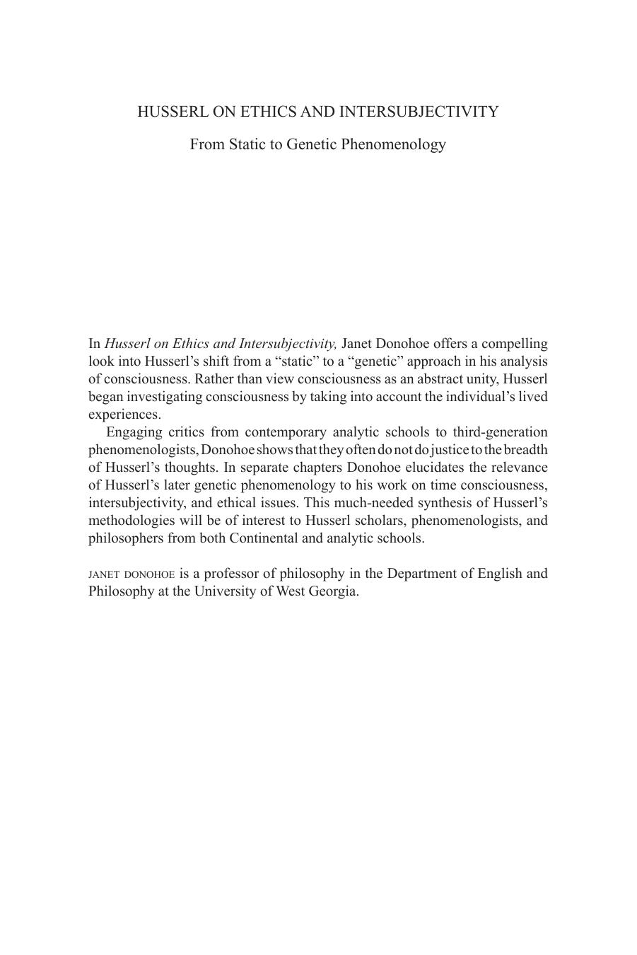 Husserl on Ethics and Intersubjectivity: From Static and Genetic Phenomenology by Janet Donohoe