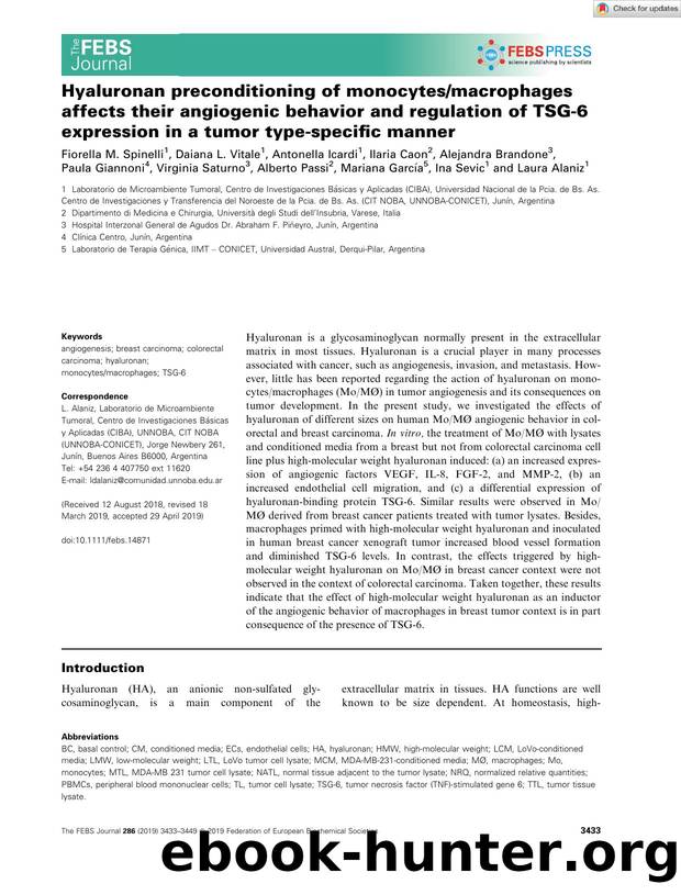 Hyaluronan preconditioning of monocytesmacrophages affects their angiogenic behavior and regulation of TSGâ6 expression in a tumor typeâspecific manner by Unknown