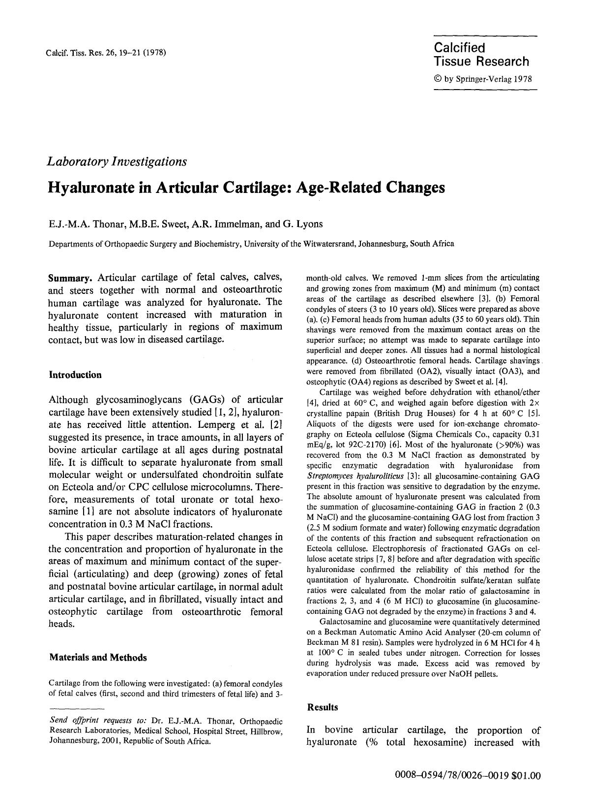 Hyaluronate in articular cartilage: Age-related changes by Unknown