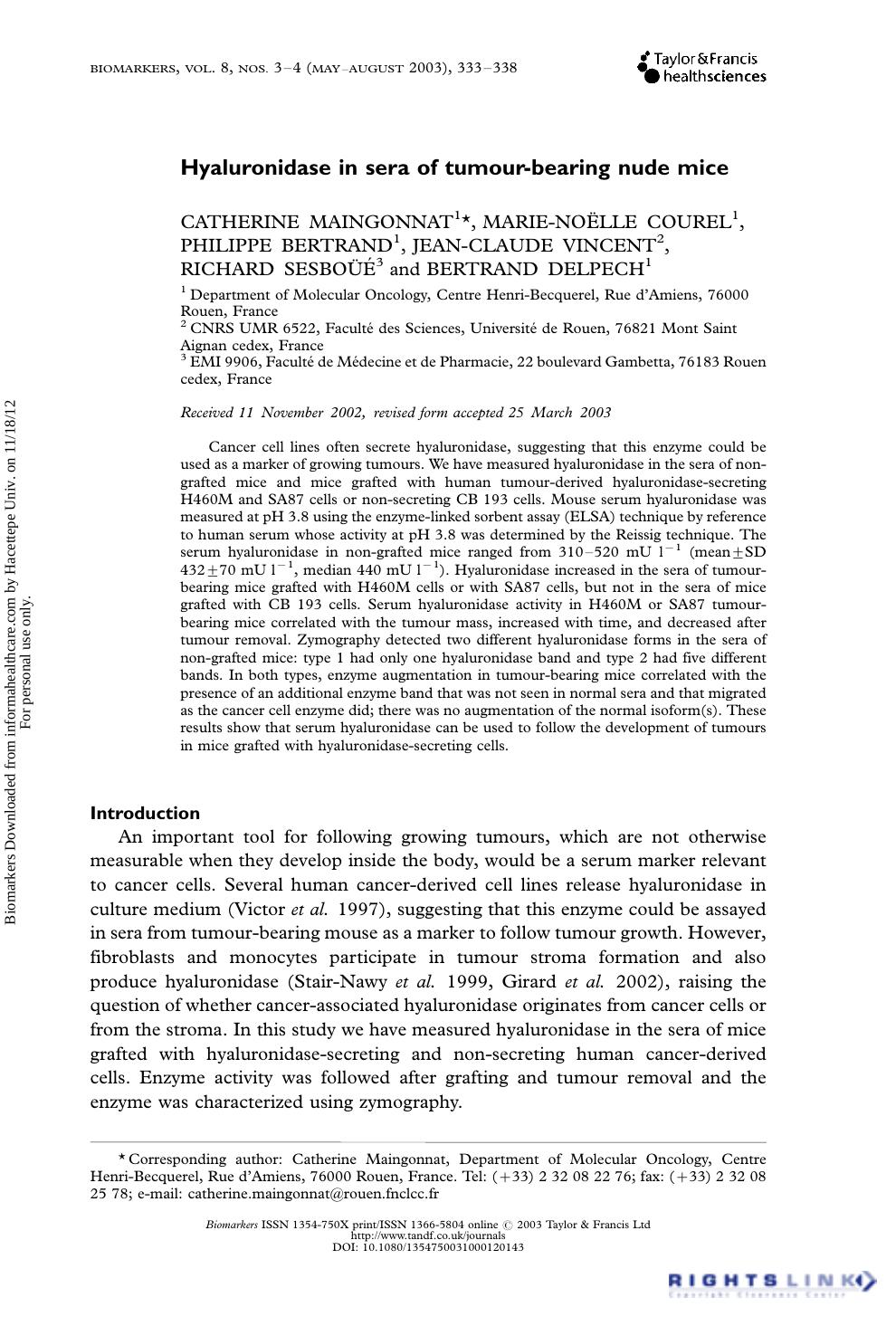 Hyaluronidase in sera of tumour-bearing nude mice by unknow