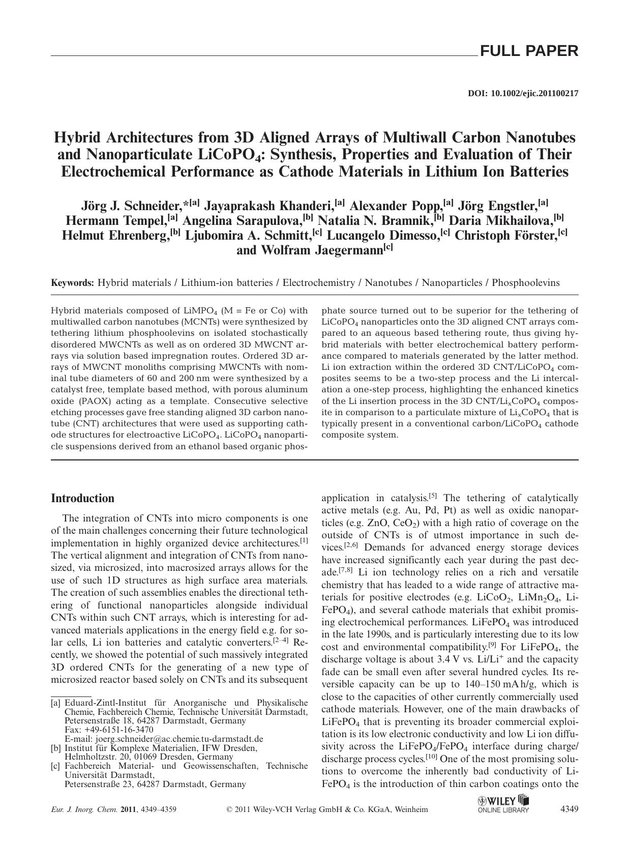 Hybrid Architectures from 3D Aligned Arrays of Multiwall Carbon Nanotubes and Nanoparticulate LiCoPO4: Synthesis, Properties and Evaluation of Their Electrochemical Performance as by Unknown