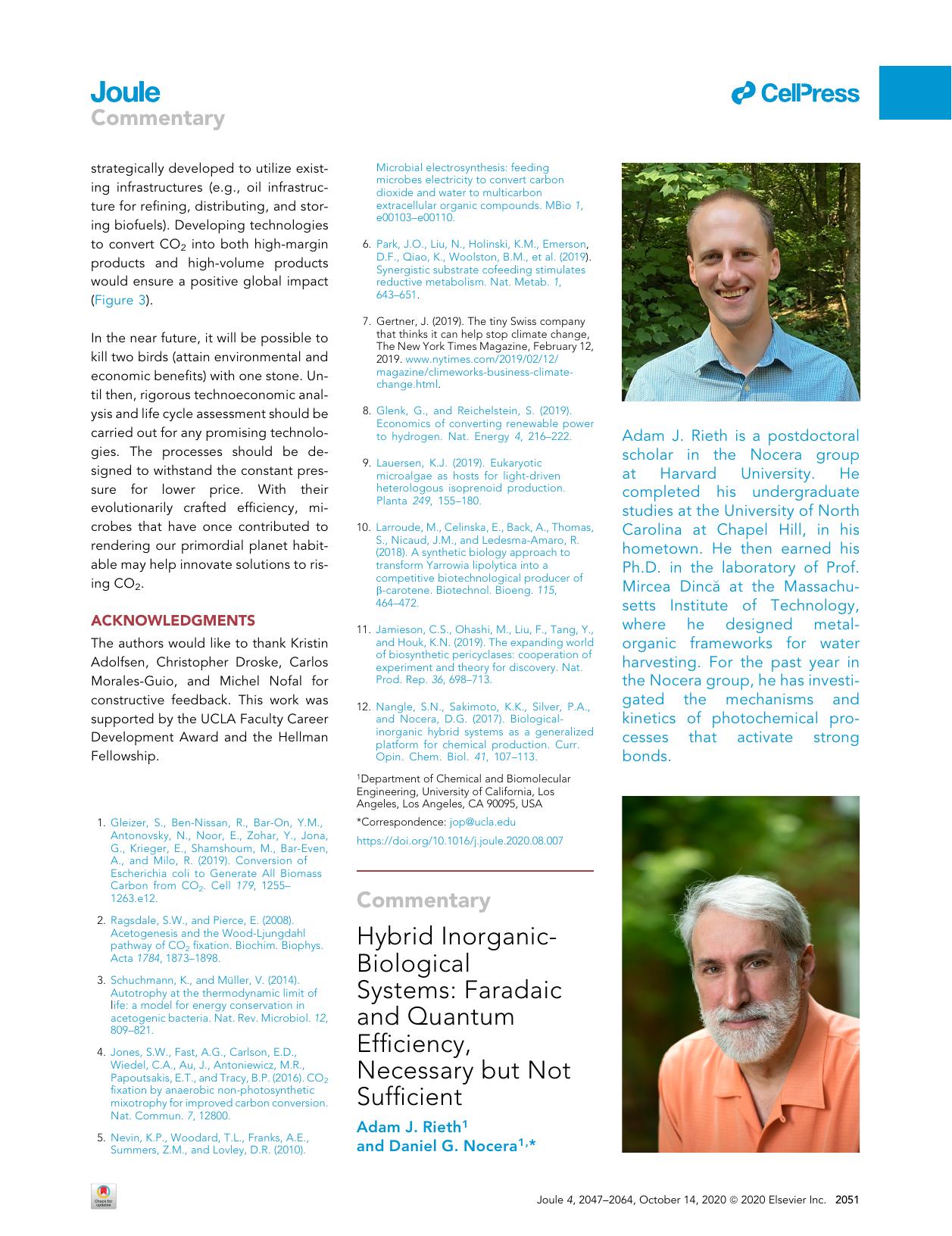 Hybrid Inorganic-Biological Systems: Faradaic and Quantum Efficiency, Necessary but Not Sufficient by Adam J. Rieth & Daniel G. Nocera
