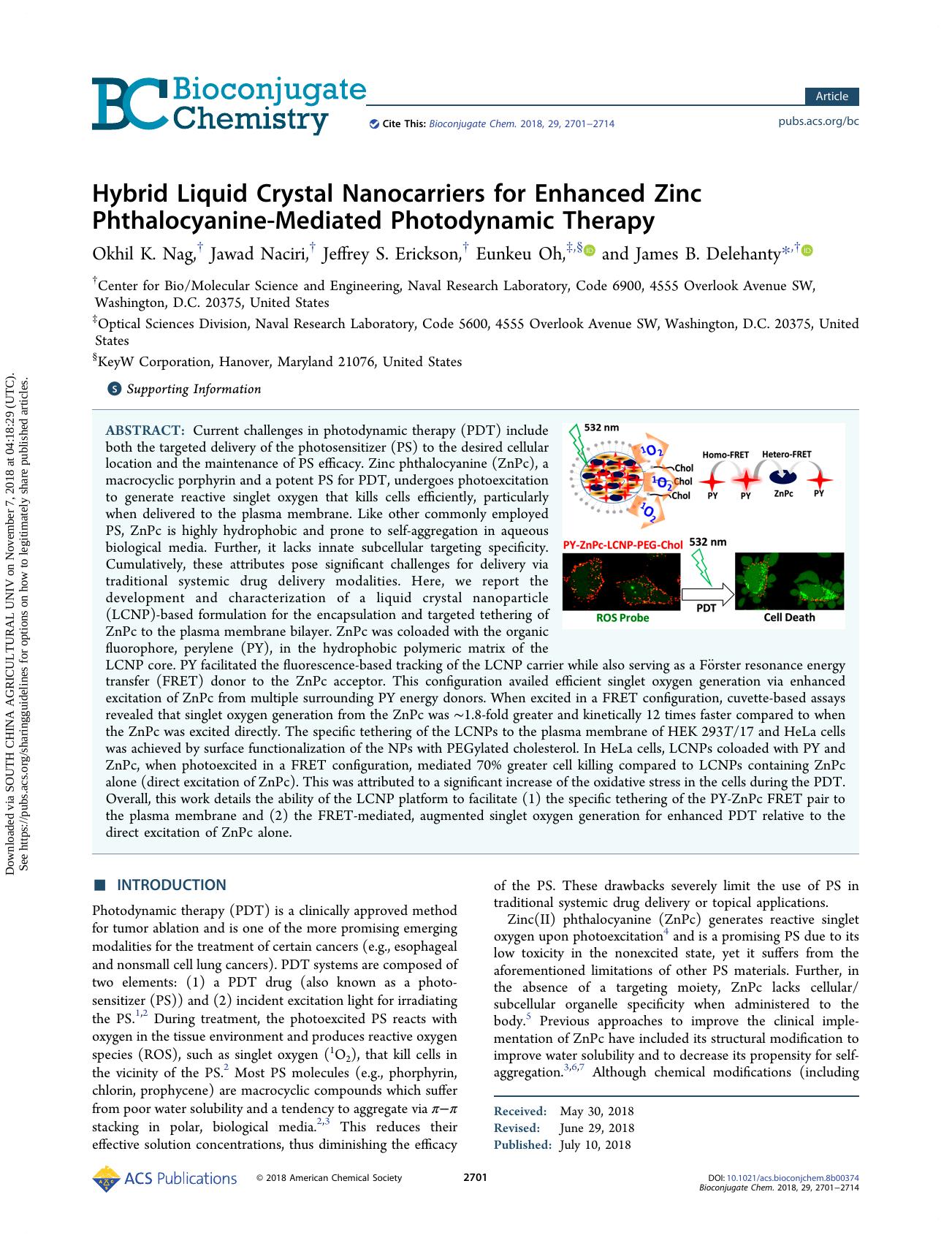 Hybrid Liquid Crystal Nanocarriers for Enhanced Zinc Phthalocyanine-Mediated Photodynamic Therapy by Okhil K. Nag & Jawad Naciri & Jeffrey S. Erickson & Eunkeu Oh & James B. Delehanty