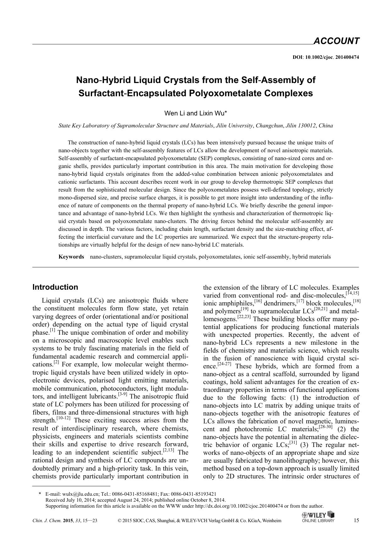 Hybrid Liquid Crystals from the SelfAssembly of SurfactantEncapsulated Polyoxometalate Complexes by kxk1