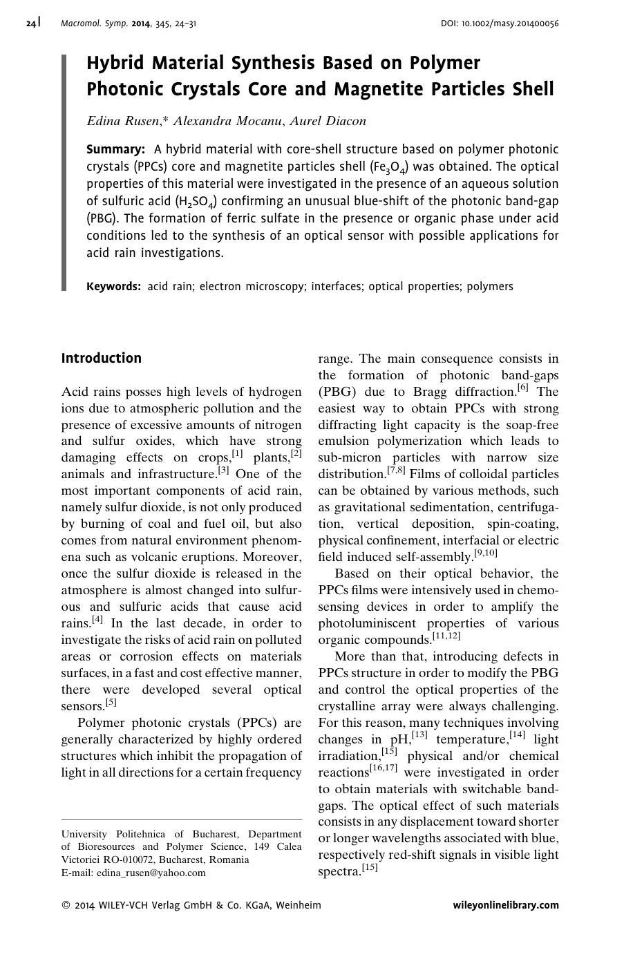 Hybrid Material Synthesis Based on Polymer Photonic Crystals Core and Magnetite Particles Shell by Unknown