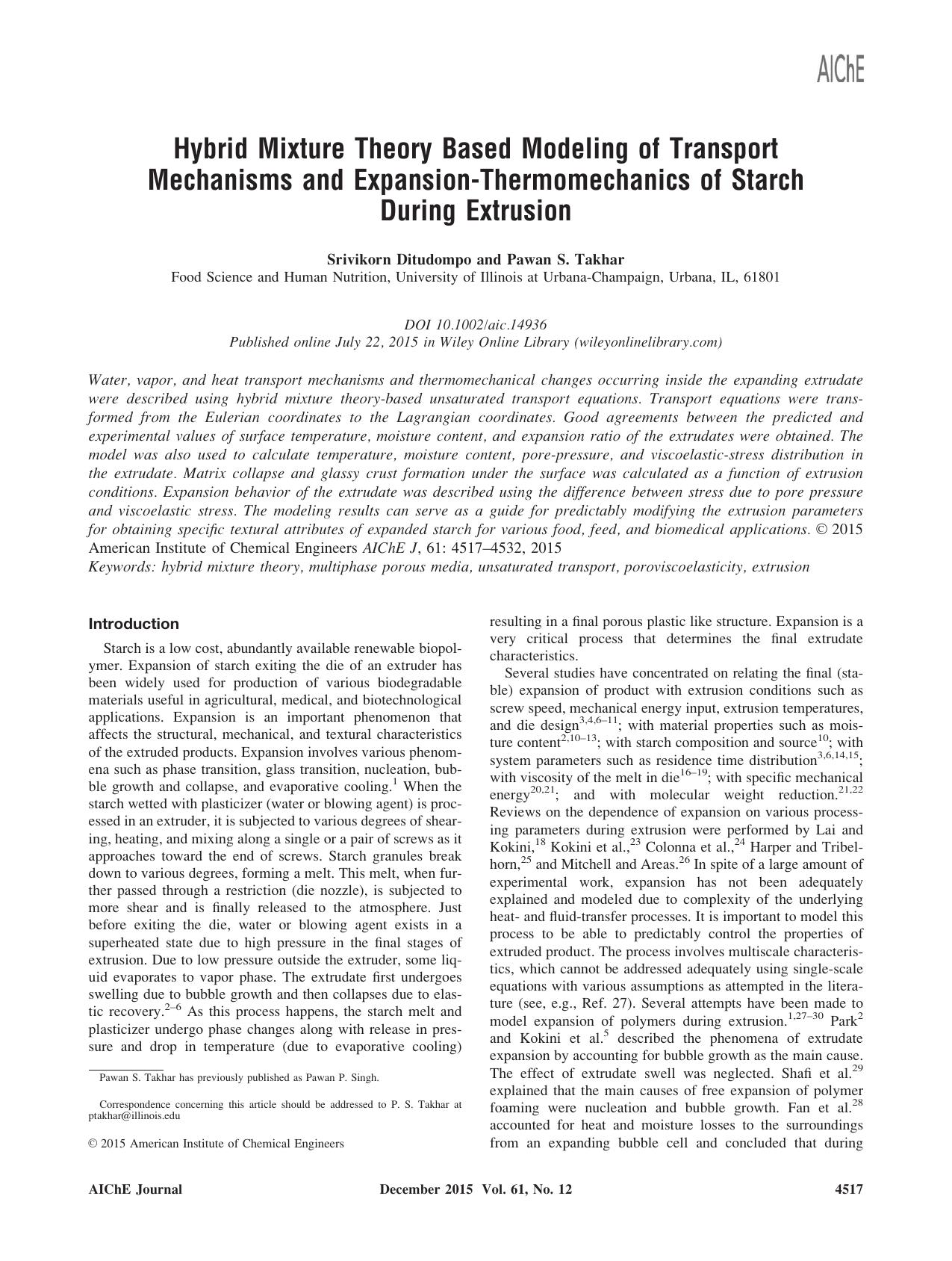 Hybrid Mixture Theory Based Modeling of Transport Mechanisms and Expansion-Thermomechanics of Starch During Extrusion by Unknown