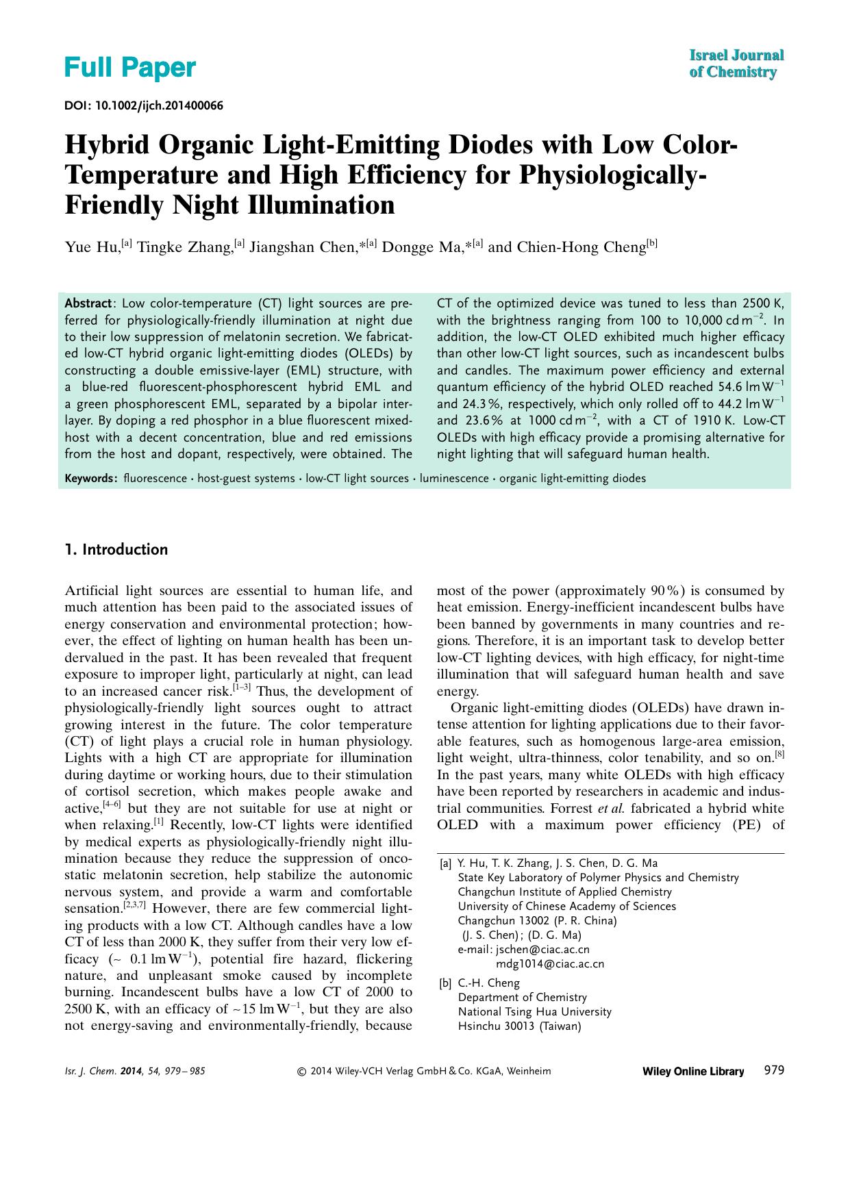 Hybrid Organic LightEmitting Diodes with Low ColorTemperature and High Efficiency for PhysiologicallyFriendly Night Illumination by Unknown