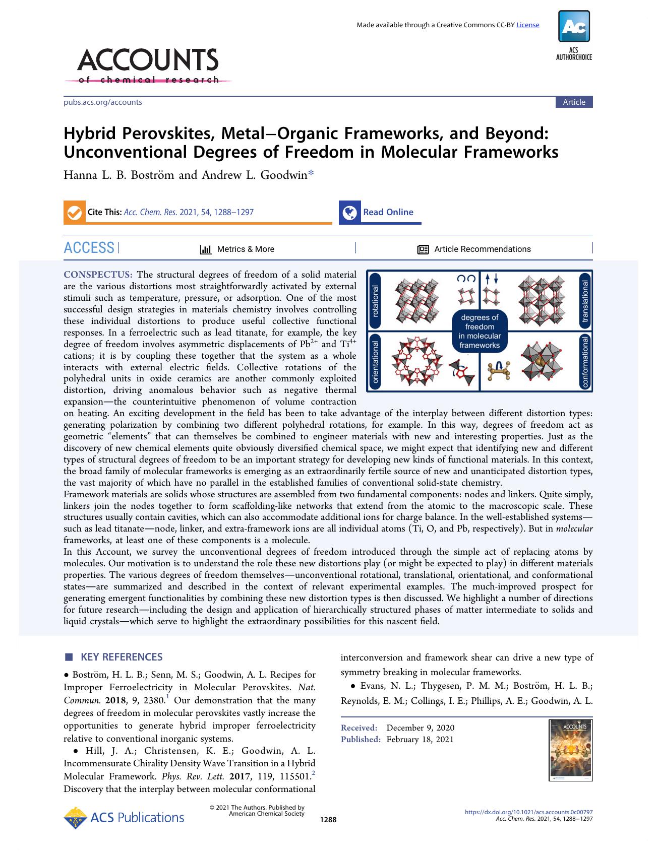 Hybrid Perovskites, MetalâOrganic Frameworks, and Beyond: Unconventional Degrees of Freedom in Molecular Frameworks by Hanna L. B. Boström and Andrew L. Goodwin