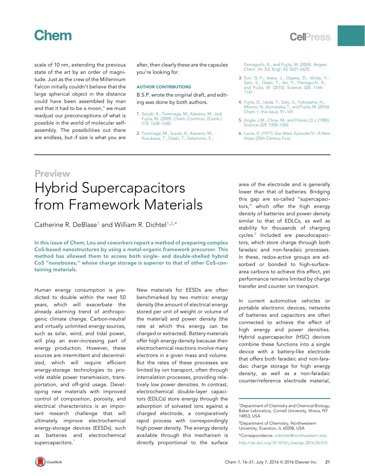 Hybrid Supercapacitors from Framework Materials by Catherine R. DeBlase & William R. Dichtel
