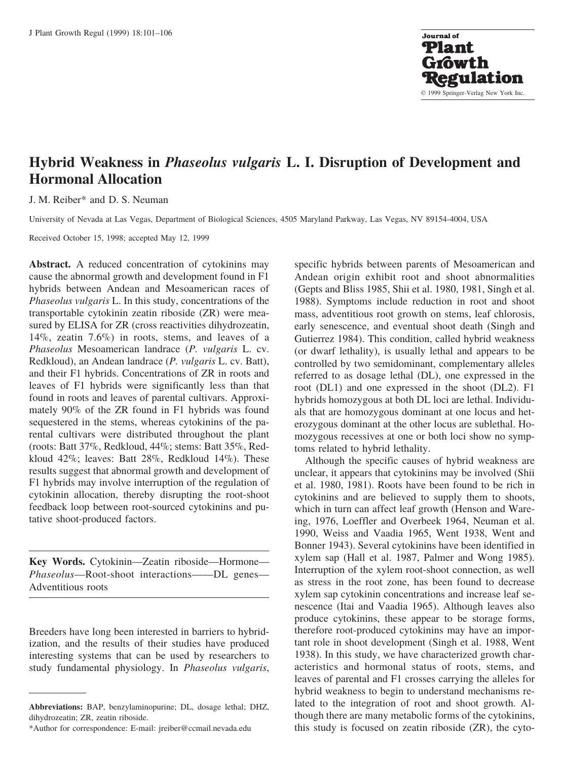 Hybrid Weakness in Phaseolus vulgaris L. I. Disruption of Development and Hormonal Allocation by Reiber J. et al