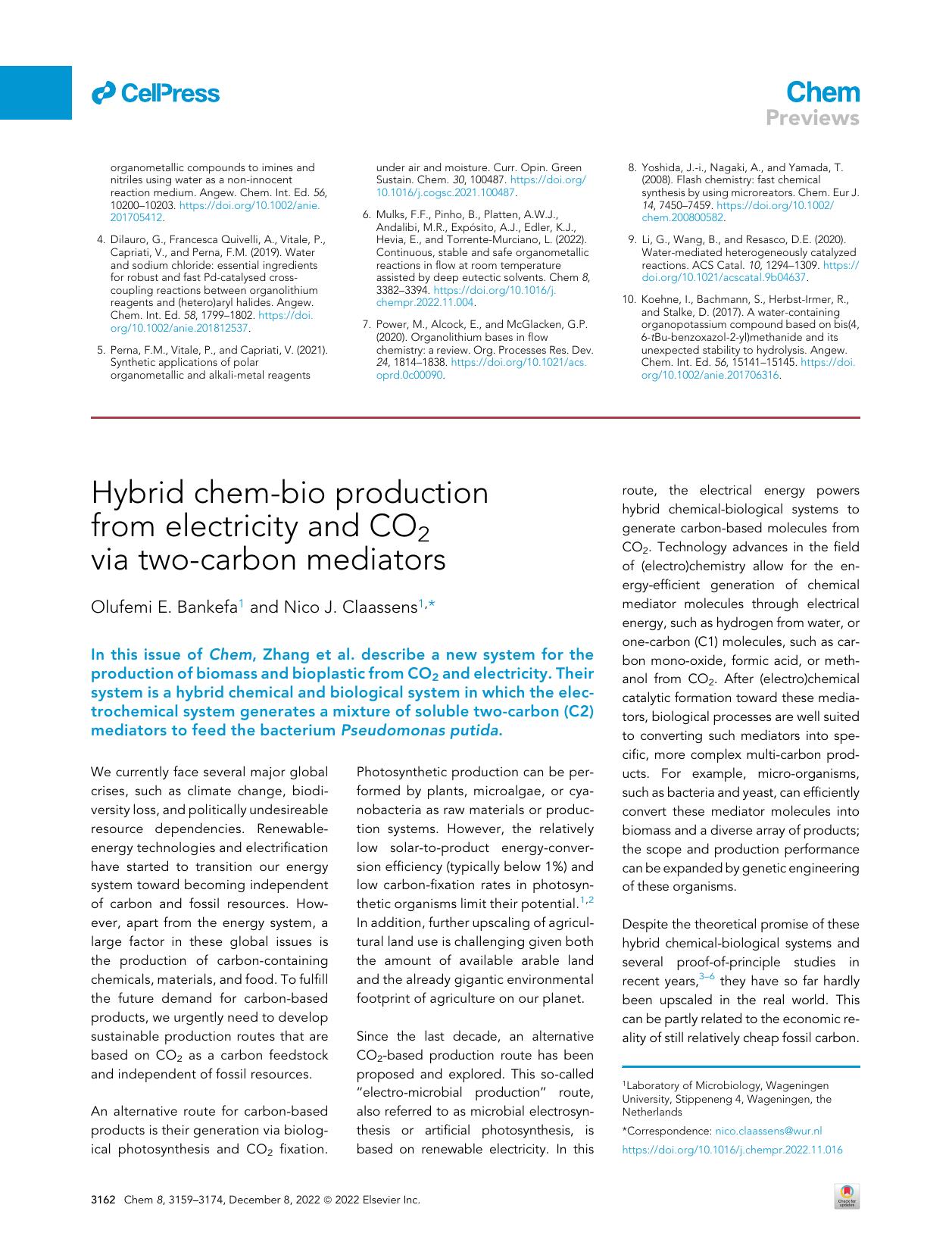Hybrid chem-bio production from electricity and CO2 via two-carbon mediators by Olufemi E. Bankefa & Nico J. Claassens