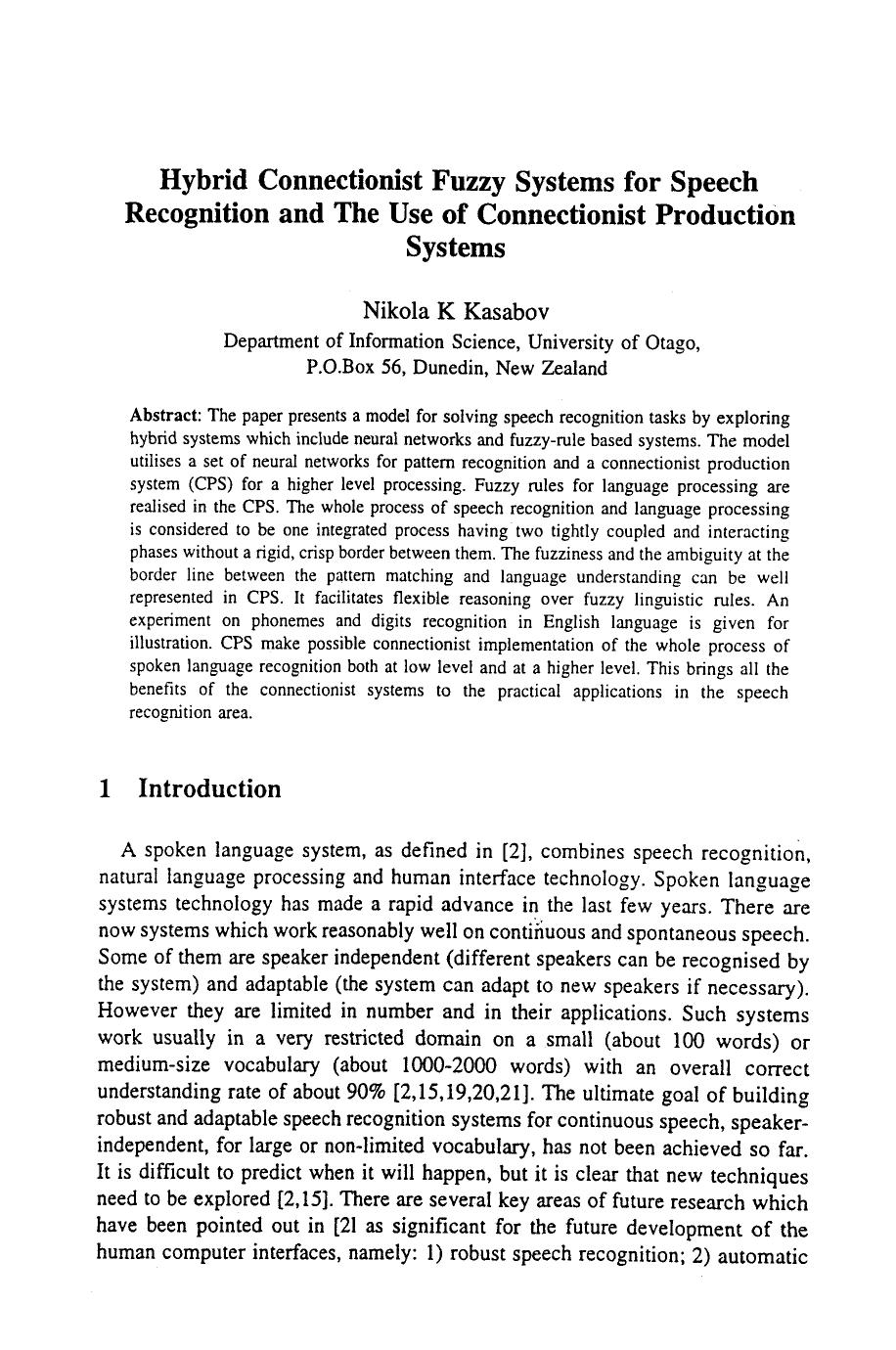 Hybrid connectionist fuzzy systems for speech recognition and the use of connectionist production systems by Unknown