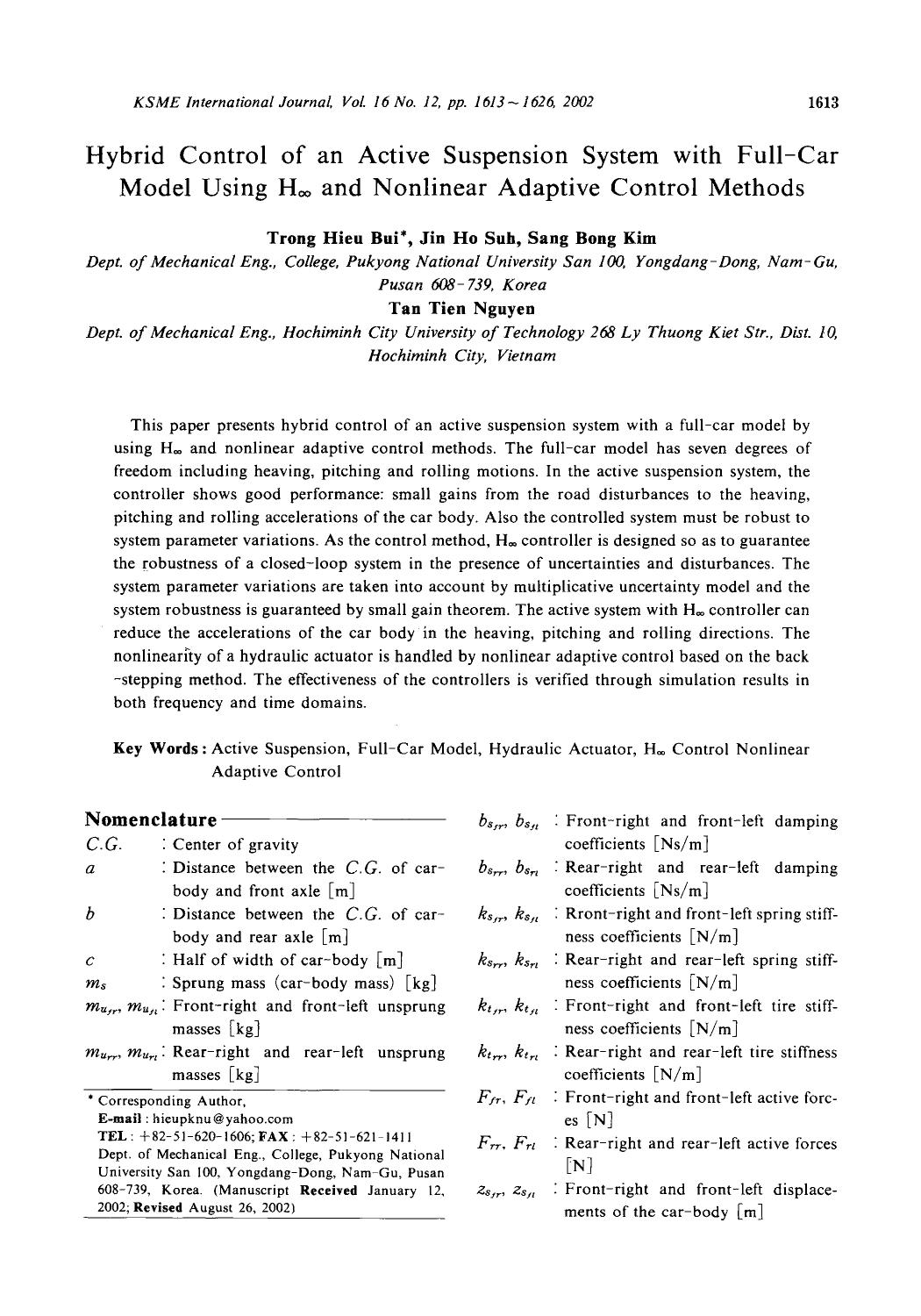 Hybrid control of an active suspension system with full-car model using H <Subscript>&#x221E; <Subscript> and nonlinear adaptive control methods by Unknown