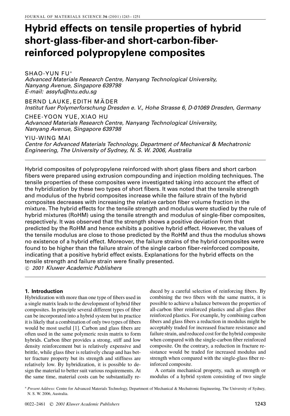 Hybrid effects on tensile properties of hybrid short-glass-fiber-and short-carbon-fiber-reinforced polypropylene composites by Unknown