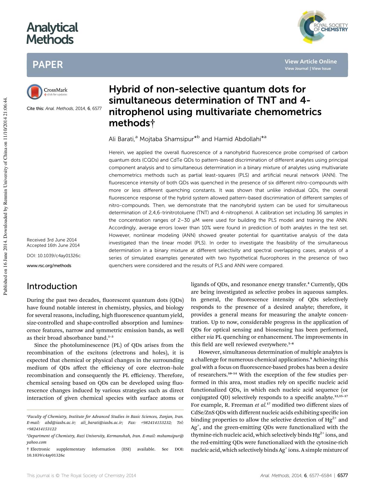 Hybrid of non-selective quantum dots for simultaneous determination of TNT and 4-nitrophenol using multivariate chemometrics methods by Ali Barati & Mojtaba Shamsipur & Hamid Abdollahi