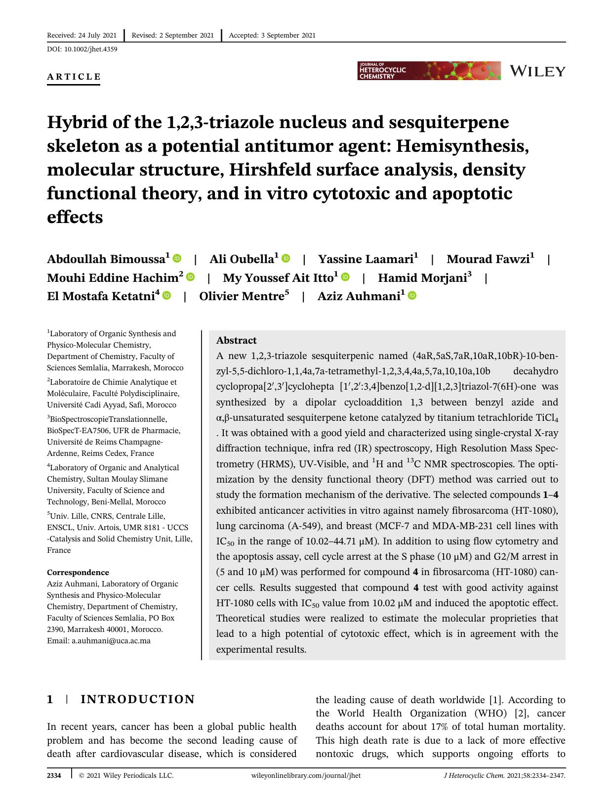 Hybrid of the 1,2,3-triazole nucleus and sesquiterpene skeleton as a potential antitumor agent: Hemisynthesis, Molecular structure, Hirshfeld surface analysis, DFT, in vitro cytoto by Unknown