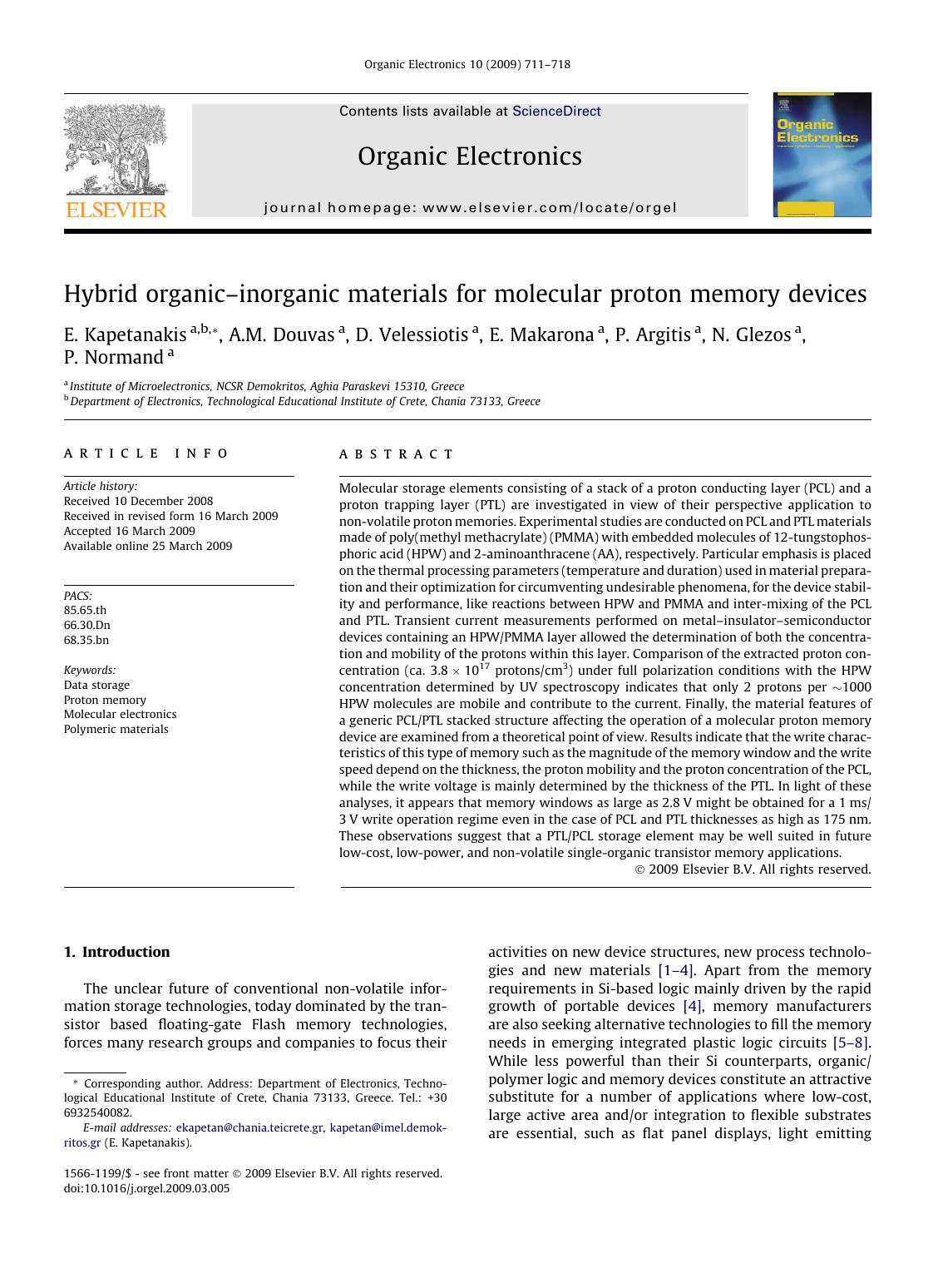 Hybrid organicâinorganic materials for molecular proton memory devices by E. Kapetanakis; A.M. Douvas; D. Velessiotis; E. Makarona; P. Argitis; N. Glezos; P. Normand